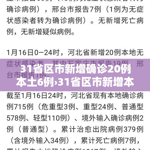 31省区市新增确诊20例本土6例›31省区市新增本土确诊病例3例 31省区市新增确诊20例本土6例›31省区市新增本土确诊病例3例